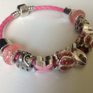 Pink Leather Charm Bracelet With Tibetan Silver Sliding Beads, with Snap Clasp
